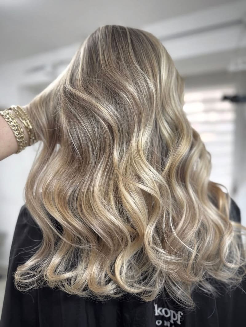 Champagne blonde balayage with brighter face-framing pieces in loose waves