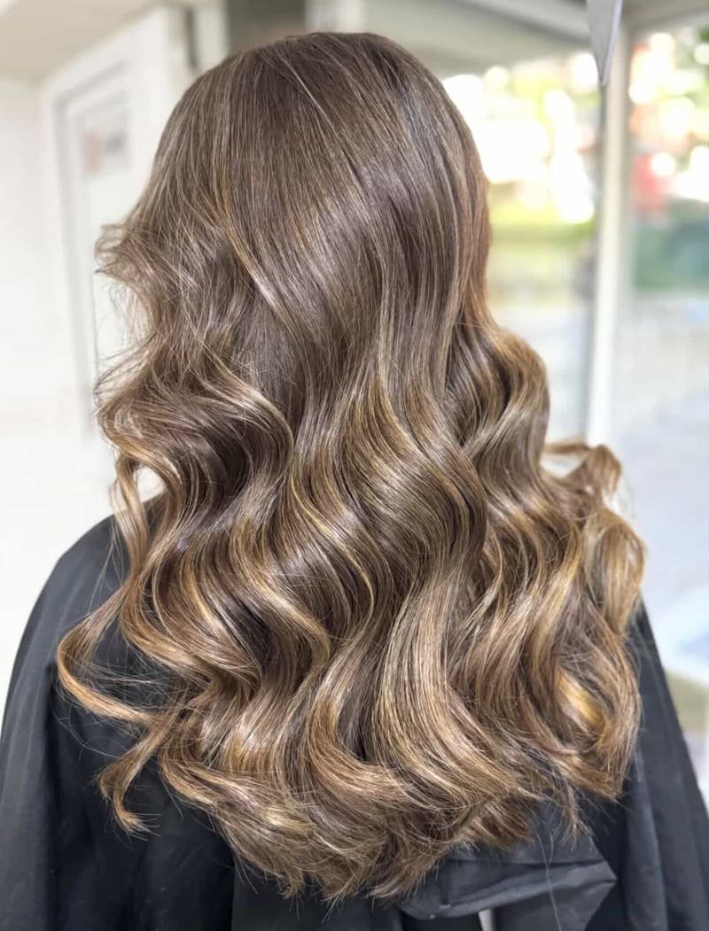 Chestnut brown hair with caramel highlights in glossy waves, photographed by a bright window